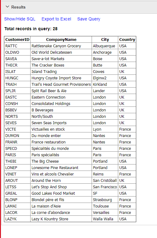 The Results pane displaying the records for the user's query.